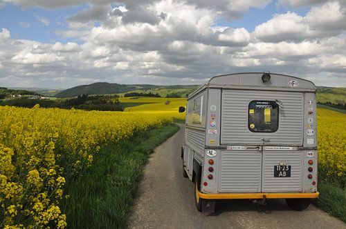 Citroën HY camper tussen de koolzaad velden