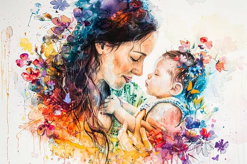 Digitaal abstract schilderachtig portret fictieve vrouw en kind