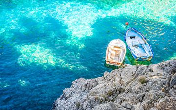 Twee roeiboten aan de kust met turkoois gekleurd zeewater van Alex Winter