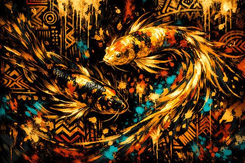 Golden River: Horizontal Koi Abstraction with Ethnic Elements