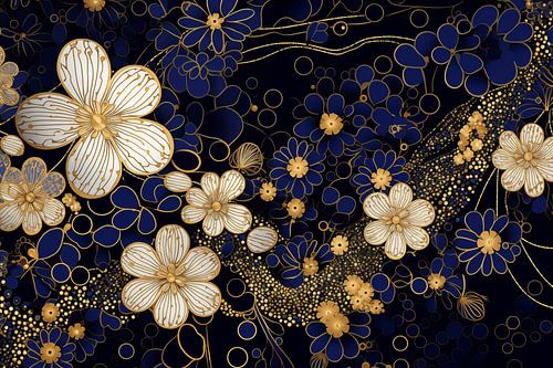 Golden Blossoms on Dark Blue