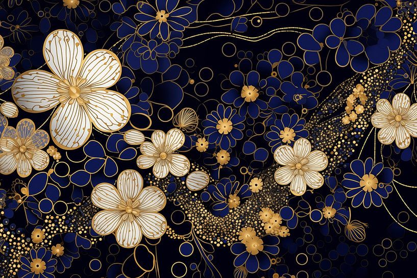 Golden Blossoms on Dark Blue by Whale & Sons