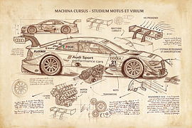 Een technische illustratie van een DTM-auto, gepresenteerd in de stijl van Leonardo da Vinci. van Wolbert Erich