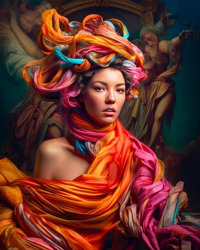 Layla met haar  in kleurrijke satijnen linten gewikkeld