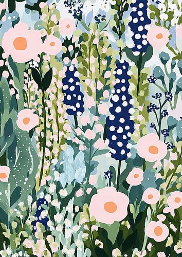 Gouache illustratie tuin Matisse geïnspireerde pastel bloemen