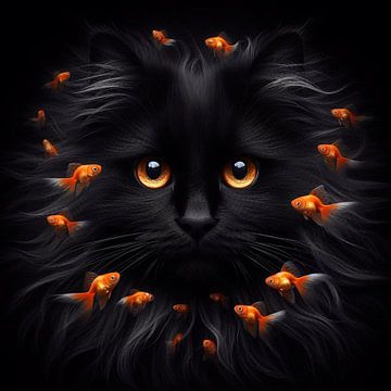 Zwarte kat met oranje goudvissen van Jessica Berendsen