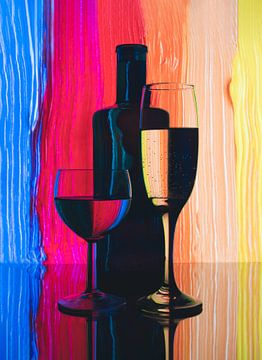 Abstracte foto met een glazen en een wijnfles voor een gekleurd achtergrond van Jolanda Aalbers
