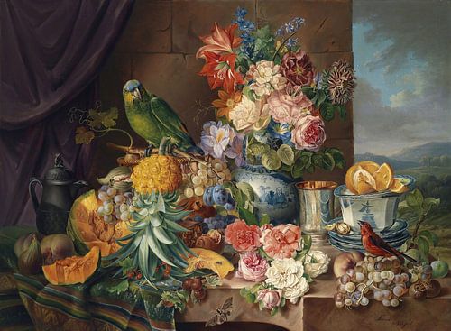 Stilleven met fruit, bloemen en papegaai, Josef Schuster
