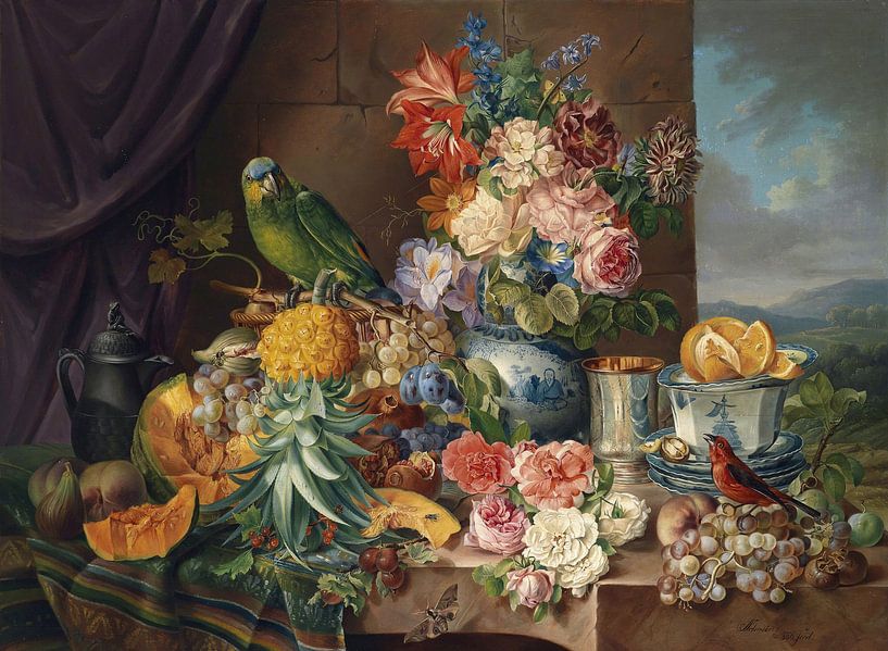 Stillleben mit Früchten, Blumen und Papagei, Josef Schuster von Meesterlijcke Meesters