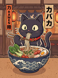 Grafische Anime-Illustration einer niedlichen schwarzen Katze, die in einem japanischen Ramen-Restaurant isst von The Deeper Way