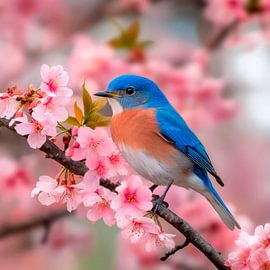Blauer Vogel neben Kirschblüten