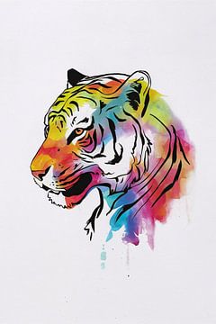 Dessin au trait expressif et coloré du tigre sur De Muurdecoratie
