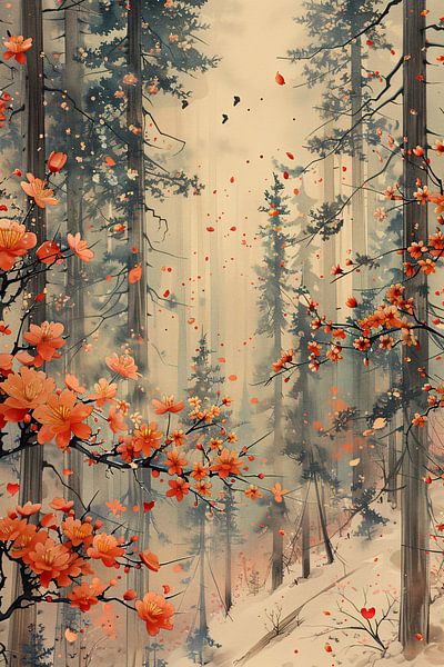 Nebliger Wald mit blühenden Blumen von Art & Soul Creations
