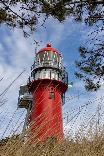 Rode vuurtoren op Vlieland, met grassen op de voorgrond