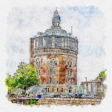 Watertoren (De Esch in Rotterdam) (aquarel) van Art by Jeronimo