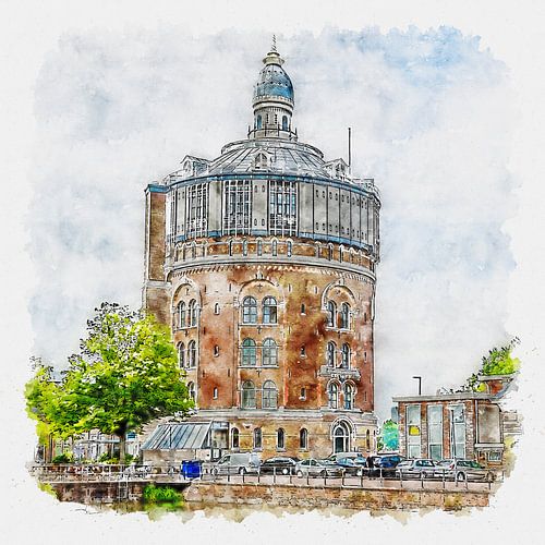 Water tower (De Esch in Rotterdam) (watercolour painting)