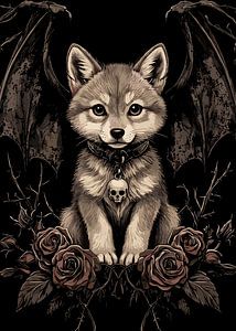 Gothic Wolf mit Fledermausflügeln und Totenkopf