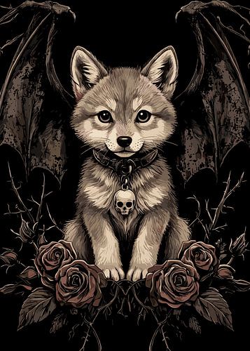 Loup gothique avec ailes de chauve-souris et tête de mort