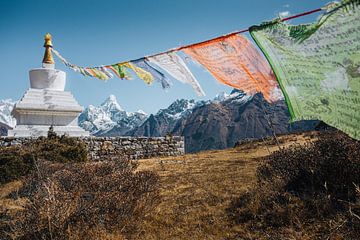 Ama Dablam (6812m) en gebedsvlaggen in Nepal van Thea.Photo