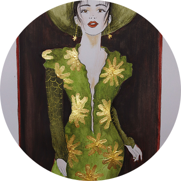 Vrouw in groene jurk met gouden accenten van Iris Kelly Kuntkes