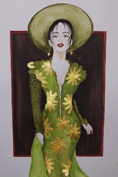 Frau in grünem Kleid mit goldenen Akzenten von Iris Kelly Kuntkes