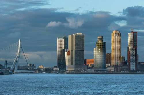 Rotterdamse skyline in de avondzon.