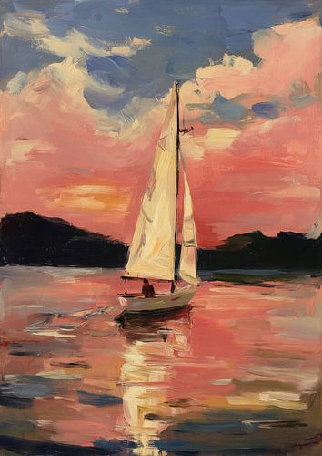 Zeilboot in roze avondlicht