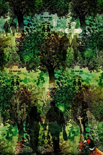 Bos, begraafplaats, bezoeker en een fazant