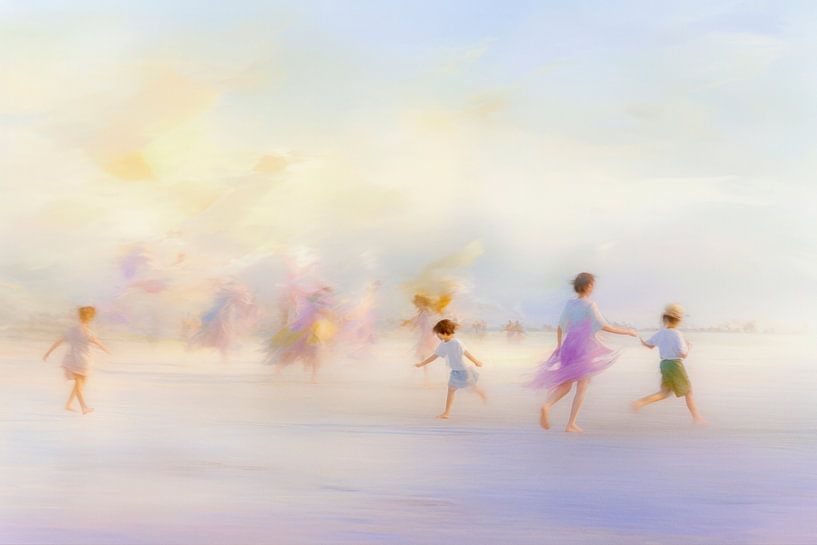Pastel strand schilderij – Kids in Watercolor Wonderland van Joriali Abstract