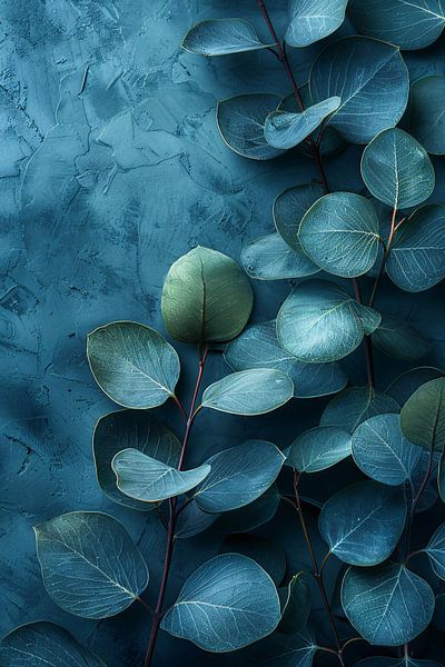 Abstrakte Kunst der Blätter auf strukturiertem blauem Hintergrund von Art & Soul Creations
