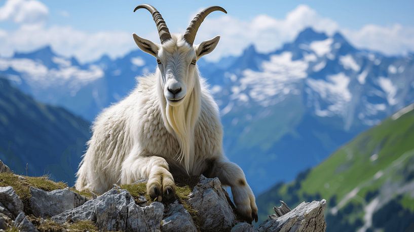 Weiße Bergziege sitzt auf einer Bergwiese in den Europäischen Alpen mit Bergen und Schnee im Hintergrund von Animaflora PicsStock