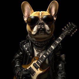 French bulldog rock star with guitar portrait