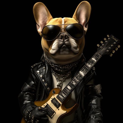 Franse buldog rockster met gitaar portret