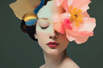 Portret met grote bloem in collage stijl van Carla Van Iersel