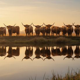 Silence on the Water, Highlanders in der Morgensonne von By Marjolein Design