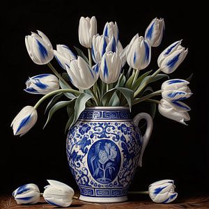 Blauw wit tulpen stilleven in Delfts blauwe vaas van Vlindertuin Art