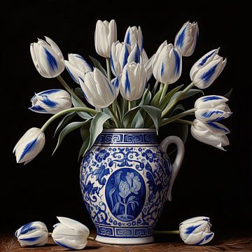 Blue and white tulips still life in Delft blue vase by Vlindertuin Art