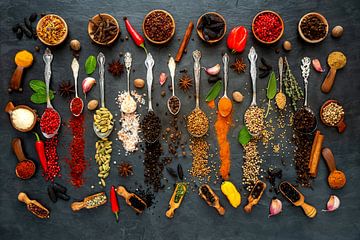 Colourful selection of exotic spices on a slate plate by Photo Art Thomas Klee