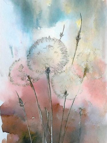 Aquarell mit heiteren Flusenbällen (Löwenzahn)