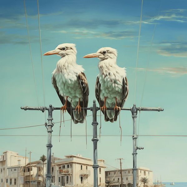 Surrealistische twee vogels zittende stad aan zee van gm_designs