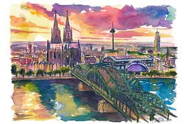 Köln im goldenen Licht über der Hohenzollernbrücke und dem Dom