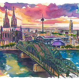 Keulen in het gouden licht boven de Hohenzollernbrug en de dom van Markus Bleichner