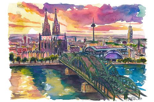 Keulen in het gouden licht boven de Hohenzollernbrug en de dom