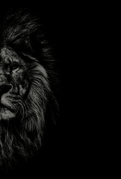 Löwe schwarz-weiss mit Titel: Die Bestie - Eindrucksvolles Porträt - Löwenbild - Gemälde - Malerei - von Designer