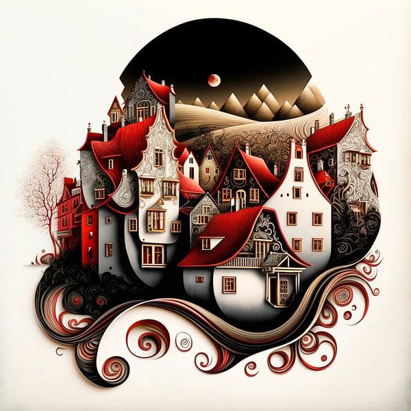 Miniature town Art Nouveau beige red black gold surreal by gm_designs
