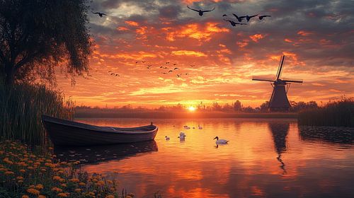 olieverf schilderij polderlandschap met molen