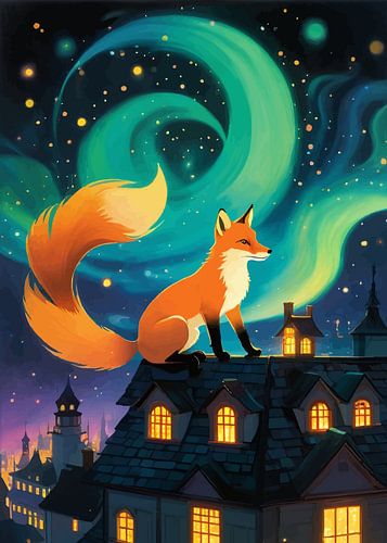 Vos op dak onder Aurora Borealis