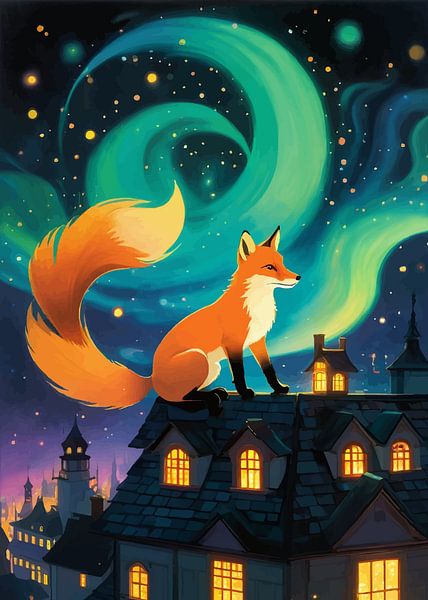 Fuchs auf dem Dach unter den Polarlichtern von MIROKKU