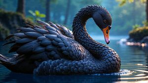Fantasy Wall Art: BLACK SWAN - Black Swan in Morning Light on the Lake