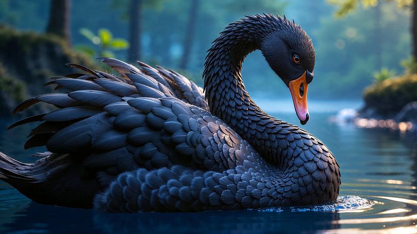BLACK SWAN: Black Swan in Morning Light on the Lake by INFERAURUM